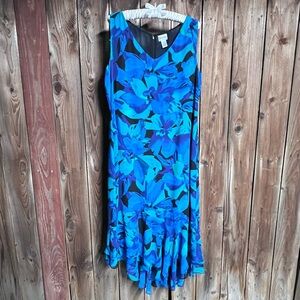 Chicos Sz 2 100% Silk Elegant Watercolor Blue Teal Floral Ruffle Maxi Dress Sz L